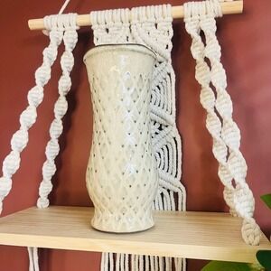 Art Pottery Vase Textured Cream Blue Accent Glazed Fluted 8" Tall Table Home